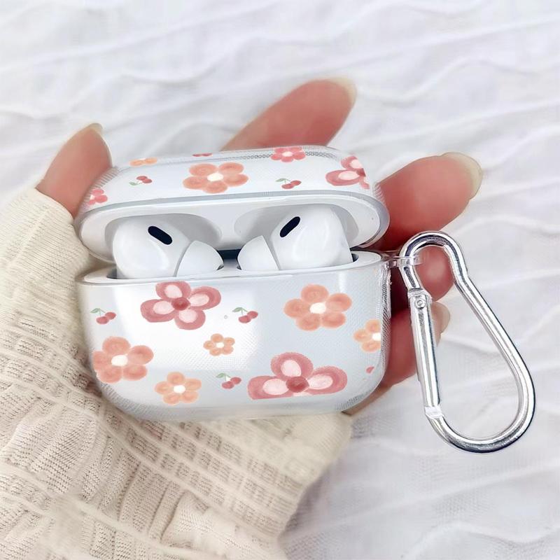 Portable Flower Pattern Earphone Case Compatible With AirPods, 1 Count Fashionable Anti-fall Earphone Protector Cover With Carabiner, Trendy Earphone Accessories