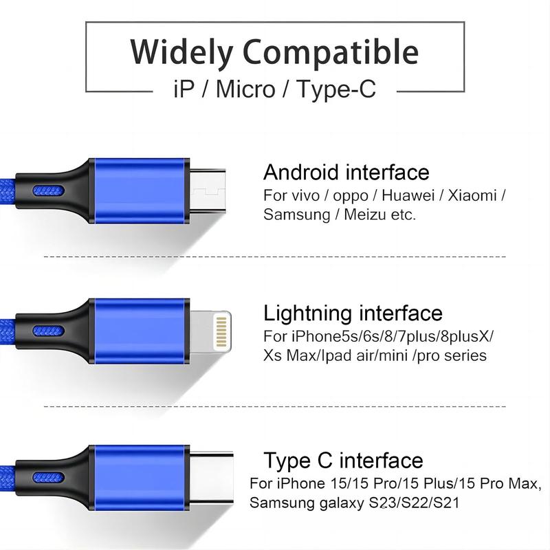 3 in 1 Multi Charging Cable, 4ft USB C To Micro USB Type C PD Lightning Nylon Braided Universal Charging Cord For iPhone 14 13 Samsung LG Pixel Xiaomi Huawei for Mobile Cell Phones and More