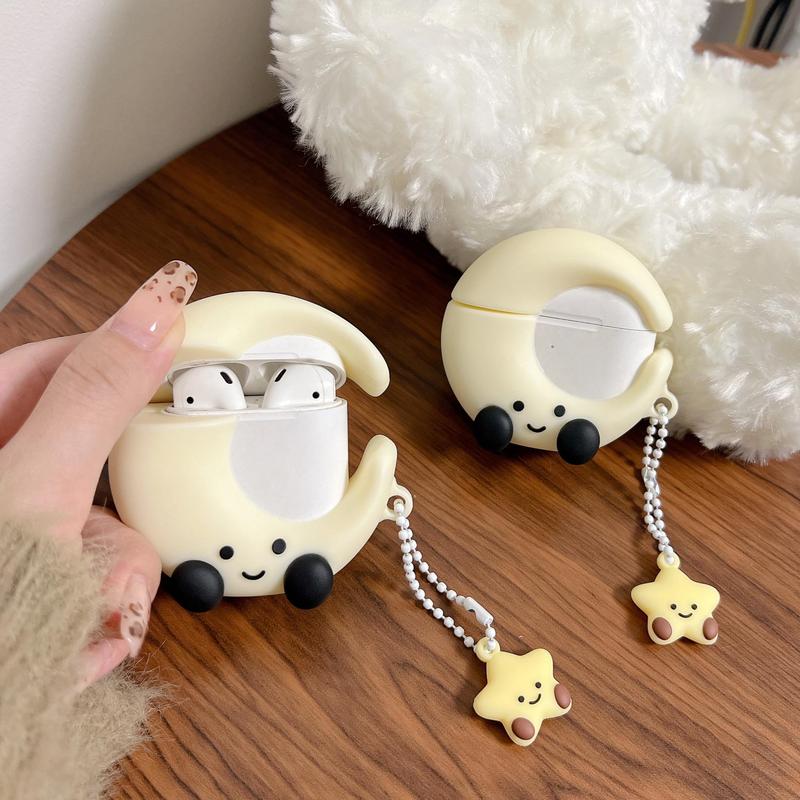 Cute Cartoon Moon Design Silicone Earphone Case with Star Stylish Keychain, 1 Count Decorative Earphone Protector Cover for AirPods 1 2 3 4 Pro2 Pro