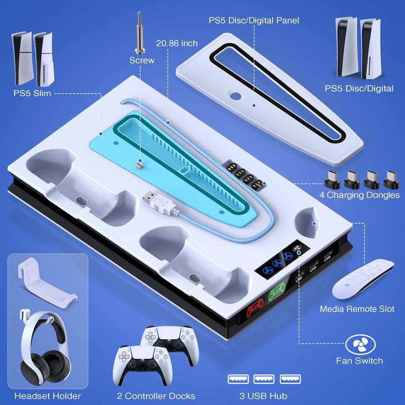 PS5 Stand and Cooling Station with Controller Charging Station for PS5 Slim PS5 PS5 Pro, PS5 Accessories Incl,3 Levels Cooling Fan, 3 USB Hub, Headset Holder, Media Slot for PS5 Slim&PS5 Disc Digital Console