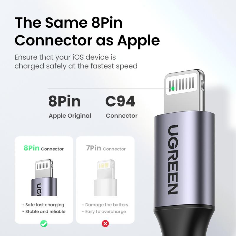 UGREEN USB C to Lightning Cable. MFi Certified. Charging & Data Cable. Compatible with iPhone 14 14 Pro 14 Pro Max, 13 12 11 X XR XS 8 Series, iPad 9, AirPods Pro & More. Ideal for Back to School. Connector for Multiple Devices.