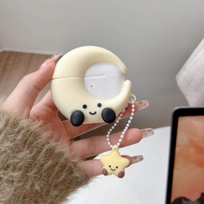 Cute Cartoon Moon Design Silicone Earphone Case with Star Stylish Keychain, 1 Count Decorative Earphone Protector Cover for AirPods 1 2 3 4 Pro2 Pro