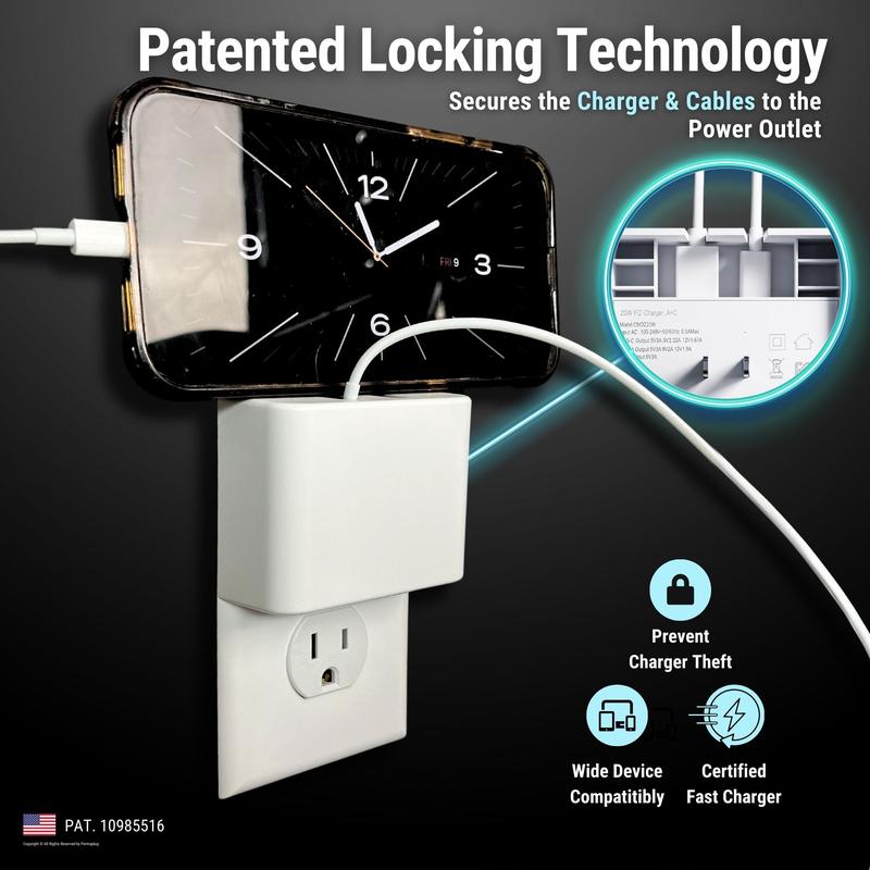 Permaplug Charger Lock: Anti-Theft & Tug-Proof Phone Charger Lock, Patented Protection Design for iPhone, Android, Tablets, Smartphones, Mobile Electronic Devices- Includes Locking Cover, Dual Fast Charger & Usb Charging Cable (Standard Outlets)