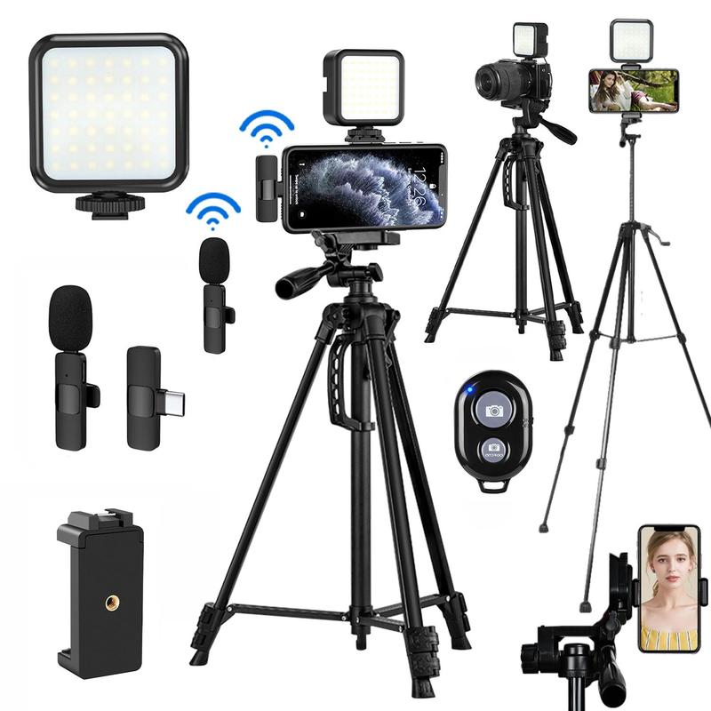 Portable Vlog Video Shooting Kit, 56 Inch Phone Camera Tripod Set for Fall, Video Record Toolkit with Tripod, LED Light, Wireless Microphone, Phone Clip, Selfie Control, Stocking Fillers Gift