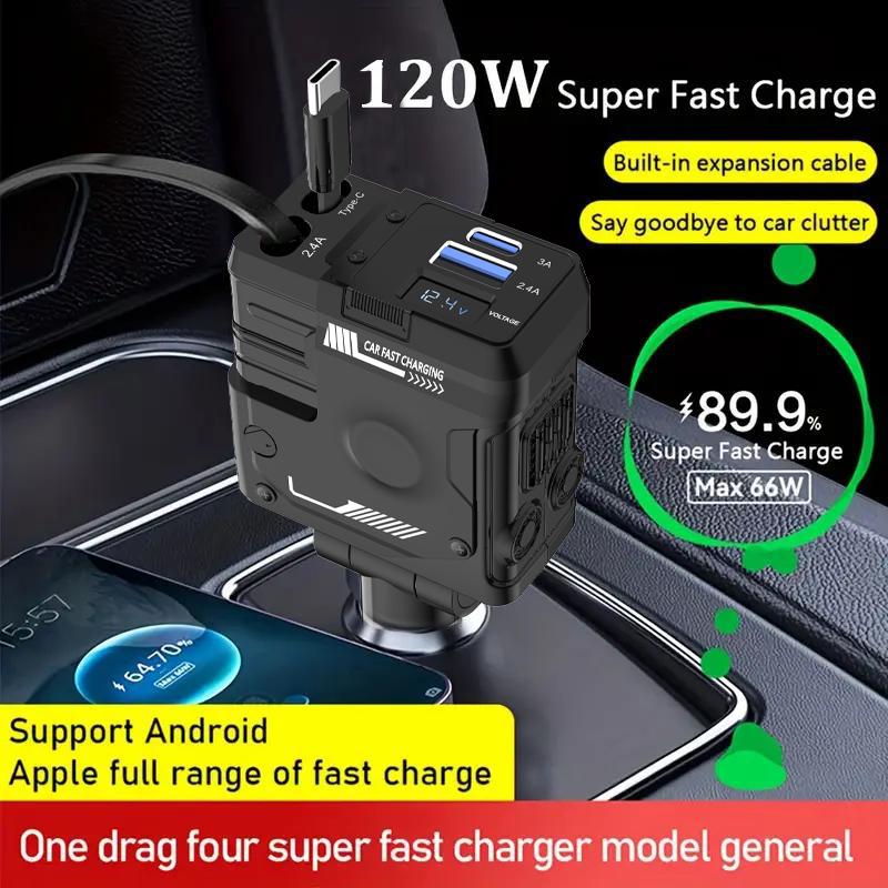 4 in 1 Retractable Car Charger, USB C Fast Charging Adapter, Fast Charging Adapter[Max100W] with Lightning Cable&Dual Charge Port Compatible with iPhone 15 14 13 Pro Max Plus iPad AirPods, Samsung Galaxy S23 S22 S10, Google Smartphone Cellphone