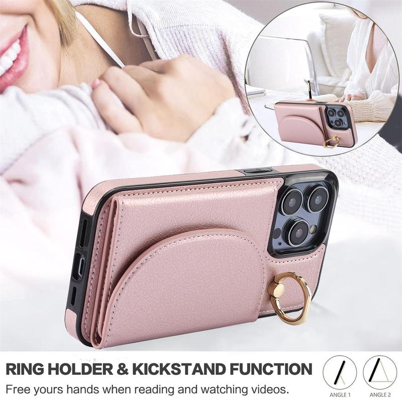 Leather Case for iPhone 16 15, Card Pocket&Ring Kickstand Durable Phone Cases for iPhone 16 15 Pro Max 14 13 12 11 Case,1 Count Card Holder Pocket Anti-fall Business PU Leather Mobile Phone Protective Case