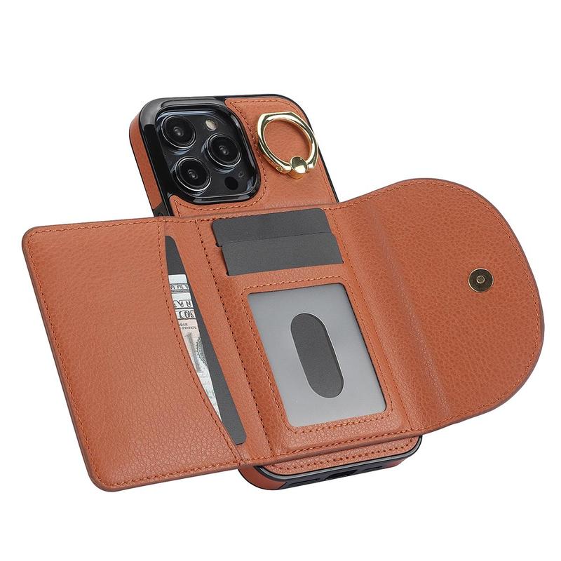 Leather Case for iPhone 16 15, Card Pocket&Ring Kickstand Durable Phone Cases for iPhone 16 15 Pro Max 14 13 12 11 Case,1 Count Card Holder Pocket Anti-fall Business PU Leather Mobile Phone Protective Case