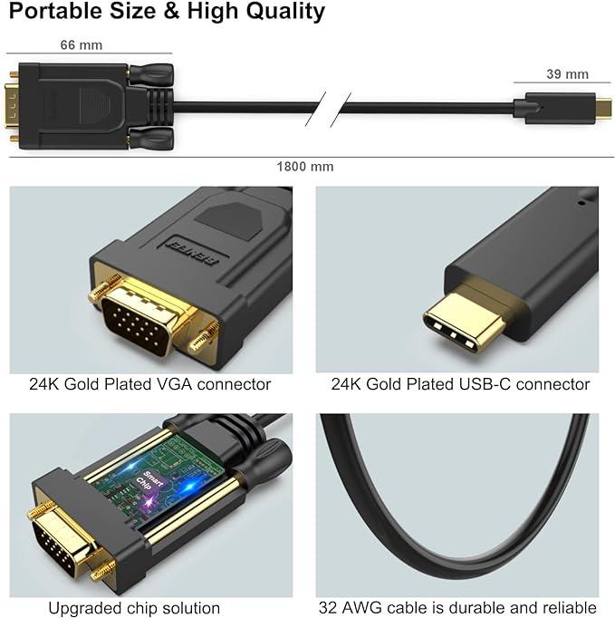 BENFEI USB C to VGA 6 Feet Cable, USB Type-C Thunderbolt 3 4 Compatible Accessories Adapter