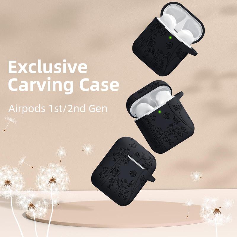 Flower Engraved Earphone Case with Keychain, Earphone Protective Case, Soft Silicone Earphone Case Compatible with AirPod