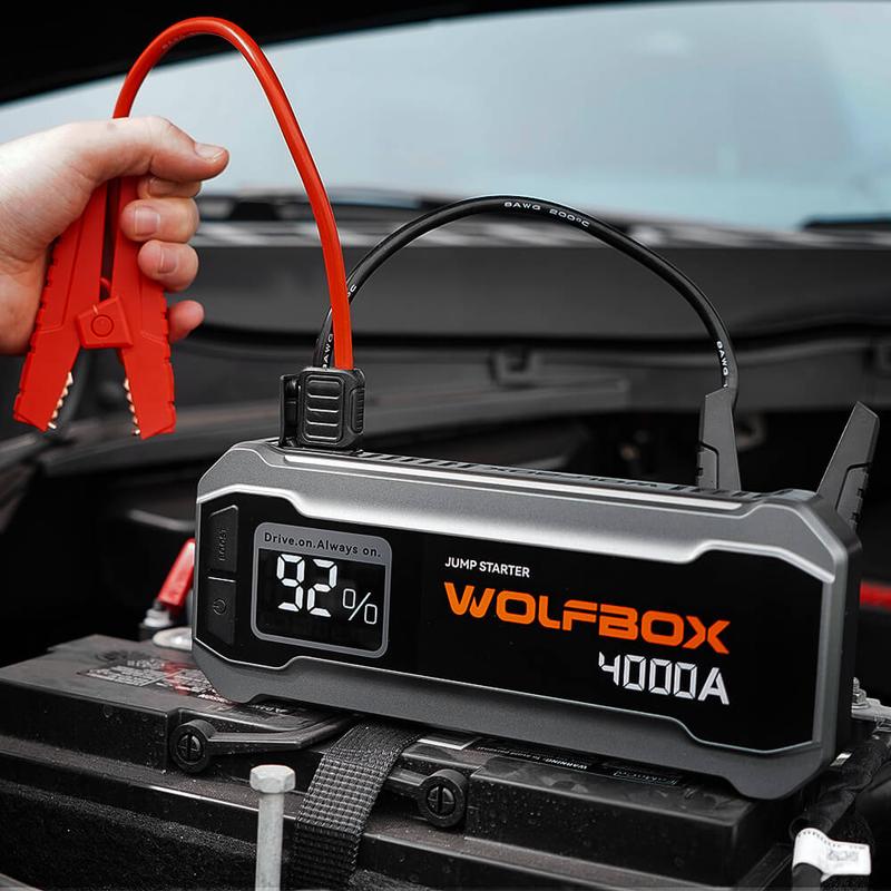 WOLFBOX 4000A Jump Starter,12V Car Battery Jump Starter with LED Display,65W Quick Charger,24000mAh Portable Jump Starter Battery Pack(10L Gas 10L Diesel Engine) with Booster,LED Light,Jumper Cables