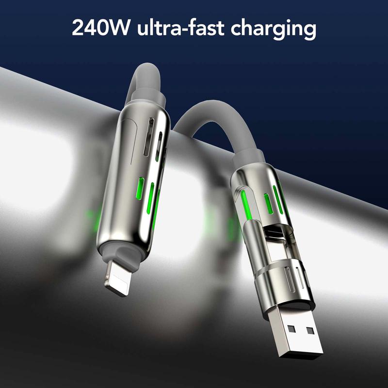 Black Friday PQRQP 4-in-1 Multi USB Charging Cable with USB A,Type C, Lightning -MAX 240W Fast Charging & Data Sync for iPhone 16 15, iPad Pro, Samsung & Laptops Smartphone Cellphone Charger Electronic