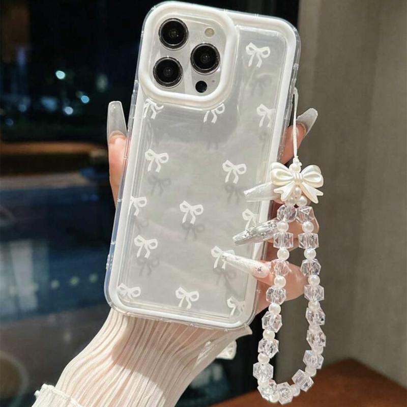 Bowknot Pattern Phone Case with Beaded Lanyard, 1 Count Anti-fall Decorative Phone Protector Cover, Phone Accessories Compatible with iPhone 11 12 13 14 15 Pro Max