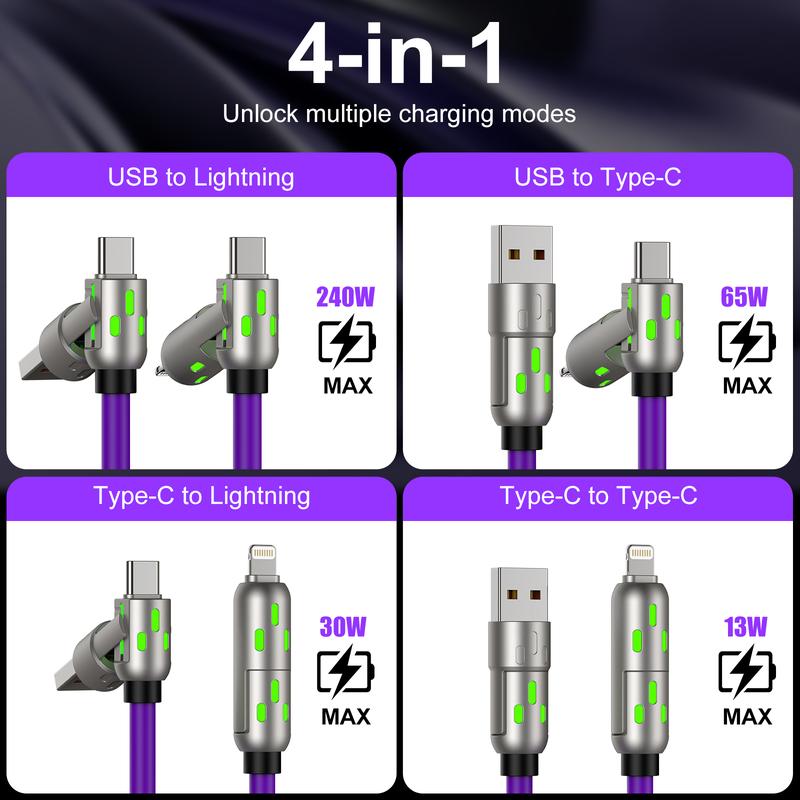 4-in-1 Multi USB Charging Cable MAX 240W Fast Charging Charger Cord with USB A+Type C for iPhone 16 15 14 13 iPad Samsung Galaxy MacBook iPad Tablets and More