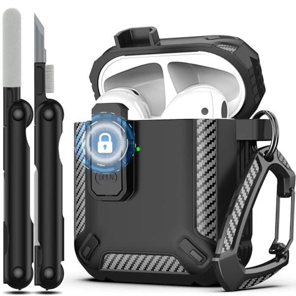 AirPod 2nd Generation Case Cover with Cleaner Kit, Military Hard Shell Protective Armor with Lock for AirPod Gen 1&2 Charging Case, Front LED Visible,Black