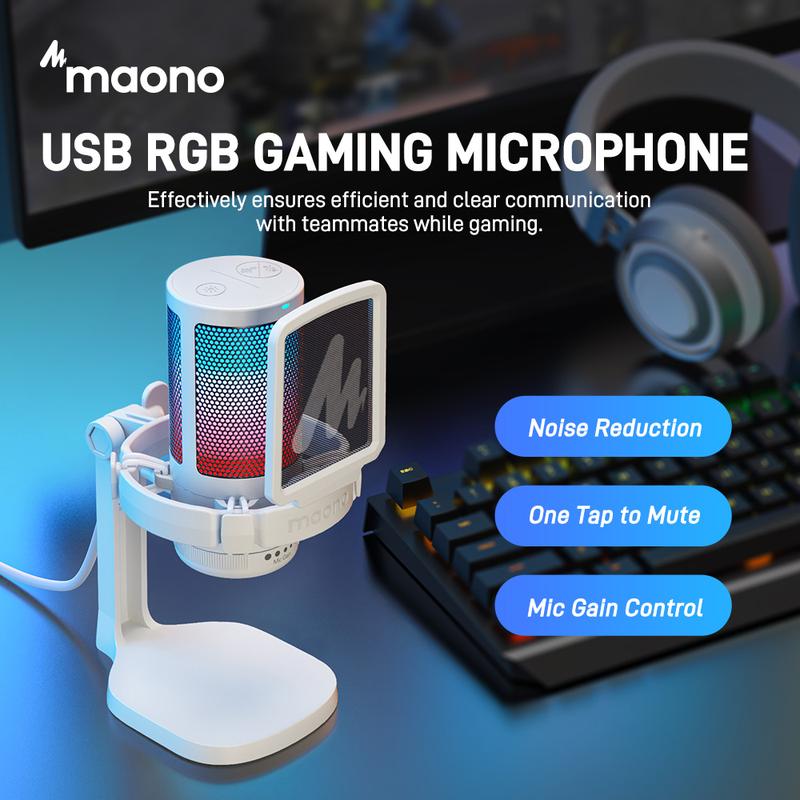 MAONO USB Plug Gaming, Streaming RGB Tiktok Audio Microphone Gear Mount with Muted Mic, Noise Reduction, Adapter Cable for PC use, Android Smartphones