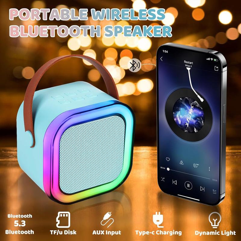 Portable Mini Wireless Speaker with 2 Wireless Microphones, Rechargeable RGB Light Speaker Set, HiFi Sound Home Karaoke Bluetooth-compatible Speaker Set for Home Party Birthday