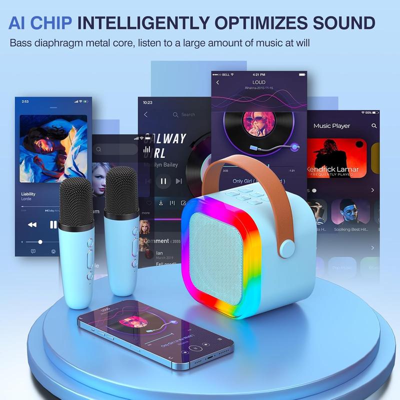 Portable Mini Wireless Speaker with 2 Wireless Microphones, Rechargeable RGB Light Speaker Set, HiFi Sound Home Karaoke Bluetooth-compatible Speaker Set for Home Party Birthday