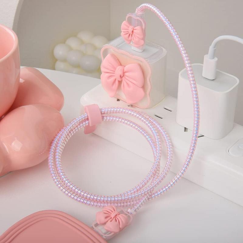 Compatible with  18W 20W USB-C Charger  Cute 3D Bow Tie Design Clear Soft Charger Protector Kawaii  Saver for  11 12 13 14 Pro Max Fast Power Adapter, Pink 2 (5in1)