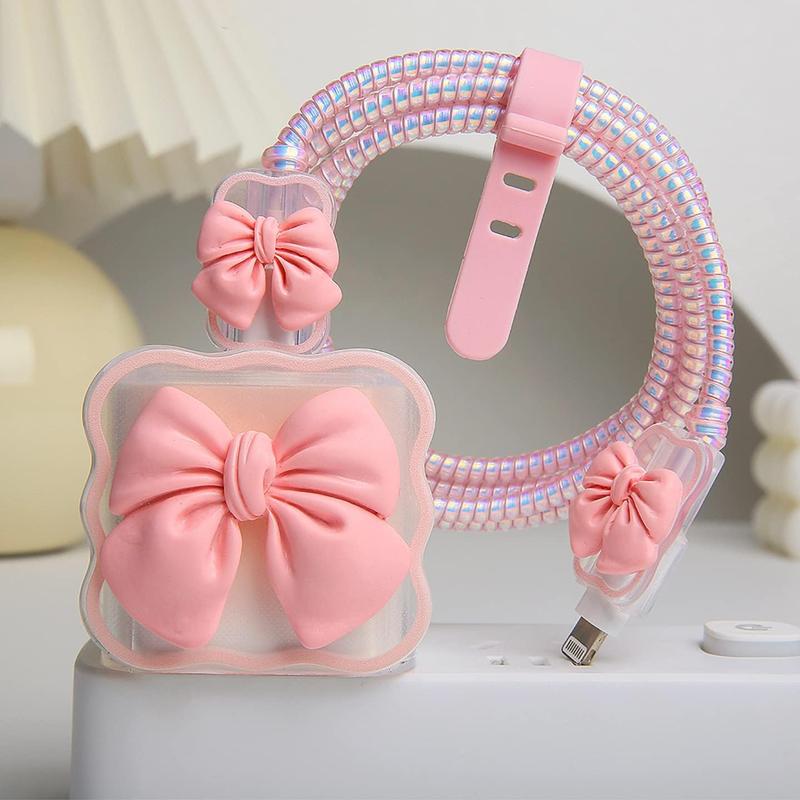 Compatible with  18W 20W USB-C Charger  Cute 3D Bow Tie Design Clear Soft Charger Protector Kawaii  Saver for  11 12 13 14 Pro Max Fast Power Adapter, Pink 2 (5in1)