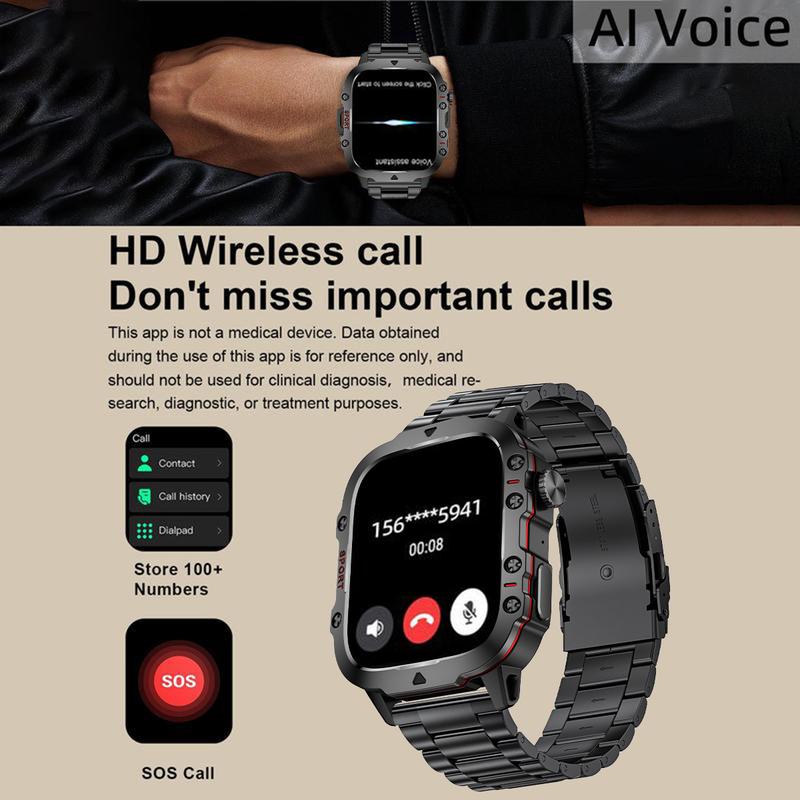 Men's Voice Wireless Calling with Heart Rate Monitor and Waterproof Square Fashion Sports Fitness Music Watch  Wearable outdoor smart  Smartwatch