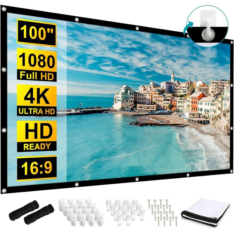 100 inch Projection Screens, Double Sided Washable Outdoor Projection Screen, 16:9 Foldable Anti-Crease Portable Projector Movies Screens for Camping Party, Home Theater, Office