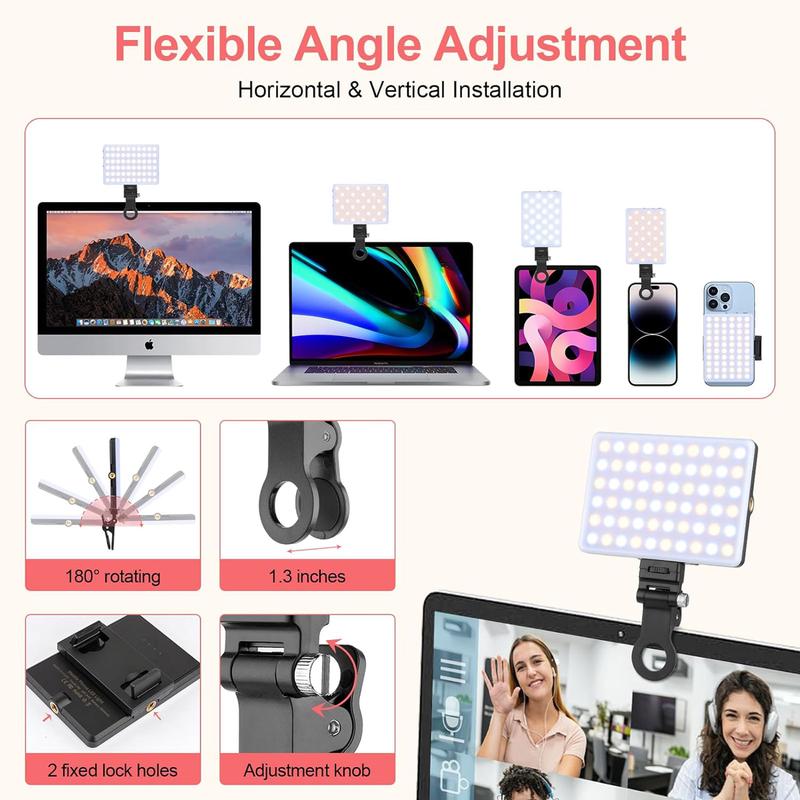 Selfie Light, Phone Light with Front & Back Clip, 60 LED Portable Light with 3 Light Modes, 5000mAh Rechargeable Video Light for Phone, iPhone, IPad, Laptop, TikTok, Makeup, Live Stream, Vlog