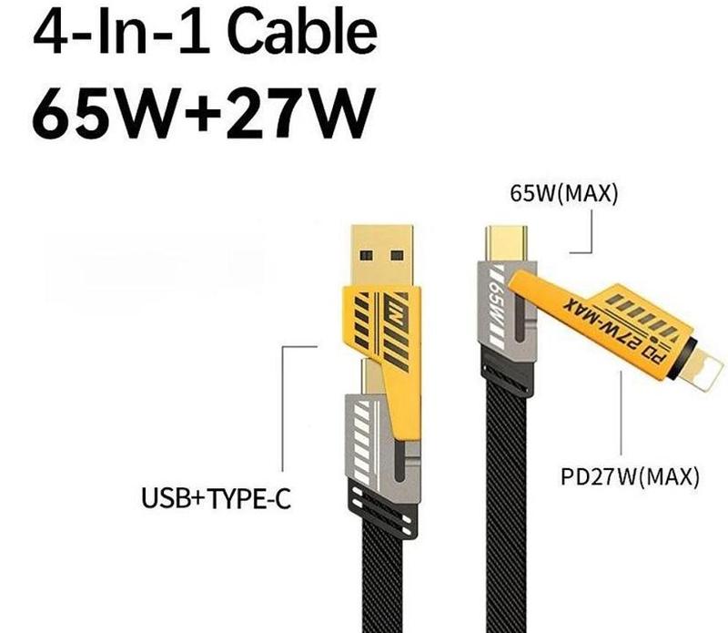 High-Speed 65W 4-in-1 Dual Head USB-C Cable - Fast Charge Your iPhone, iPad, Samsung, and More | Durable Multi-Device Charger