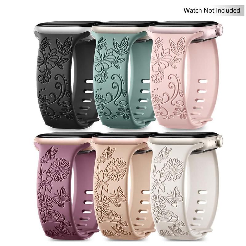 Floral Pattern Watch Band (Band Only), 6 Counts Soft Silicone Sport Wristband, Replacement Watch Band Compatible with Apple Watch Series 9 8 7 6 5 4 3 2 1 SE Ultra