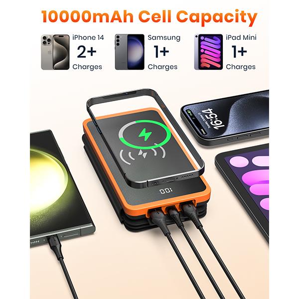 Solar Power Bank Wireless Charger 10000mAh Built In 3 Solar Panels Three Outputs 15W Fast Charging Solar Charger For iPhone 15 15 Plus 15 Pro 15 Pro Max, iPhone 14 13 Series, Samsung Galaxy, Halloween Gifts