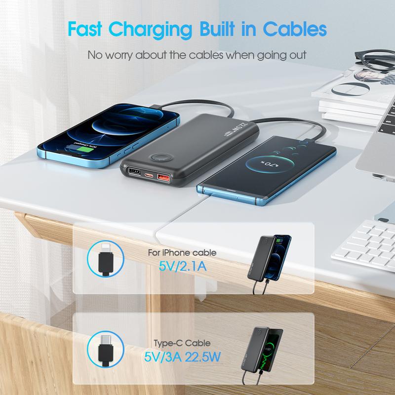 Portable Charger with Built-in Cables,Portable Charger with Cords Wires Slim 12000mAh Travel Battery Pack 5 Outputs 1 Inputs 22.5W Fast Charging Power Bank with dual cables for Samsung Google Pixel LG Moto iPhone iPad  for All Mobile Devices Rechargeable