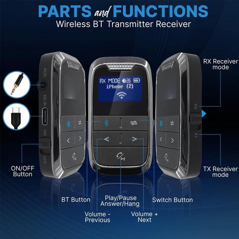 Wireless Streaming Transmitter Receiver, 2 in 1 Audio Adapter with LCD Display & AUX Audio Interface, Wireless Bluetooth-compatible Transmitter Receiver for Home, Car & Other Uses