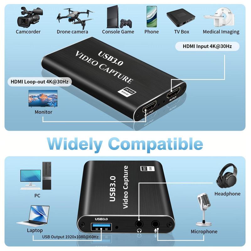 USB 3.0 Capture Card for Summer Gift, 4K@30HZ HDMI Audio & Video Capture Card, USB3.0 High-speed Transmission, Video Recorder Device For Game Recording, Suitable For Nintendo Nintendo Switch, Live Streaming