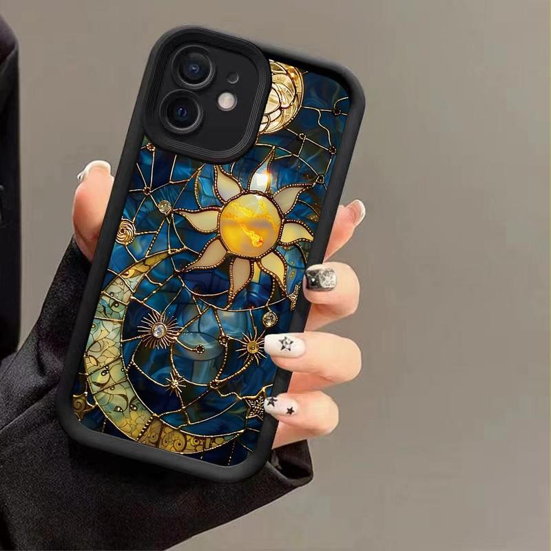 Creative Sun & Moon Pattern Phone Case, Shockproof Phone Protective Cover, Phone Accessory Compatible with iPhone 16 15 14 13 12 11 Plus Pro Max