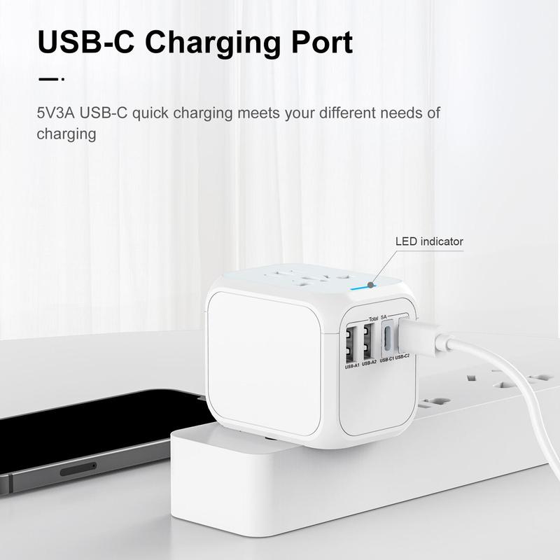 Universal Travel Adapter, International Power Adapter, Multifunctional Wall Socket Adapter, All in One Wall Outlet Adapter Charger with High Speed 2.4A 3 USB & 3.0A Type-C, Worldwide Travel Plug Adapter for US European UK AUS