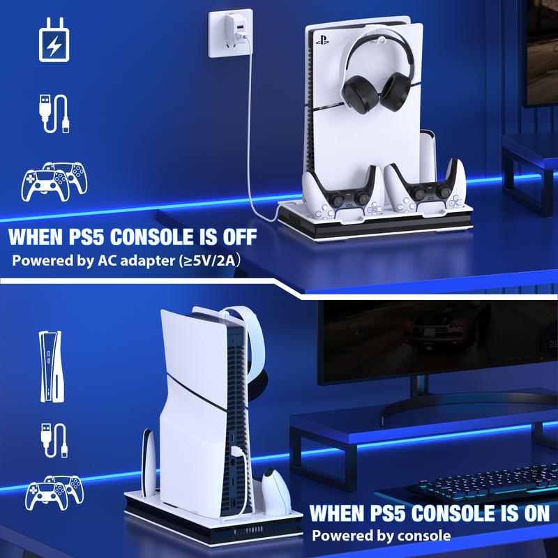 PS5 Stand and Cooling Station with Controller Charging Station for PS5 Pro PS5 Slim PS5, PS5 Accessories 3 Levels Cooling Fan, 3 USB Hub, Headset Holder, Media Slot for PS5 Disc Digital Console