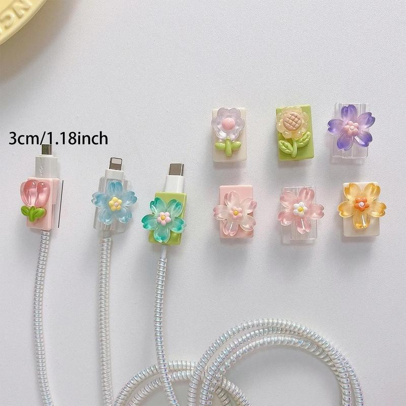 Flower Design Data Cable Protector, 3D Cute Decorative Data Cable Protector, Phone Charging Cable Protective Cover for Women & Girl