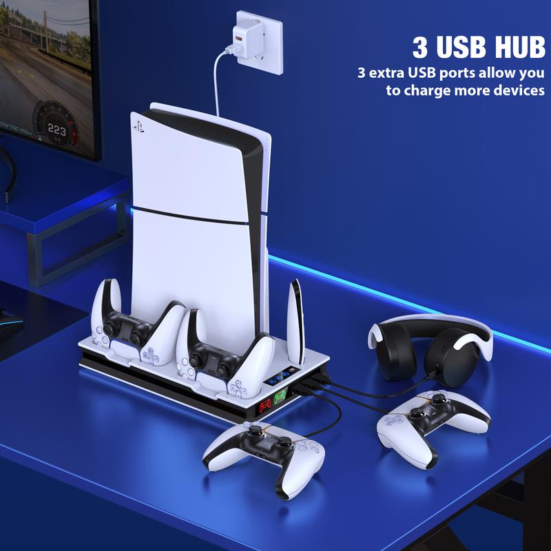 PS5 Stand and Cooling Station with Controller Charging Station for PS5 Pro PS5 Slim PS5, PS5 Accessories 3 Levels Cooling Fan, 3 USB Hub, Headset Holder, Media Slot for PS5 Disc Digital Console