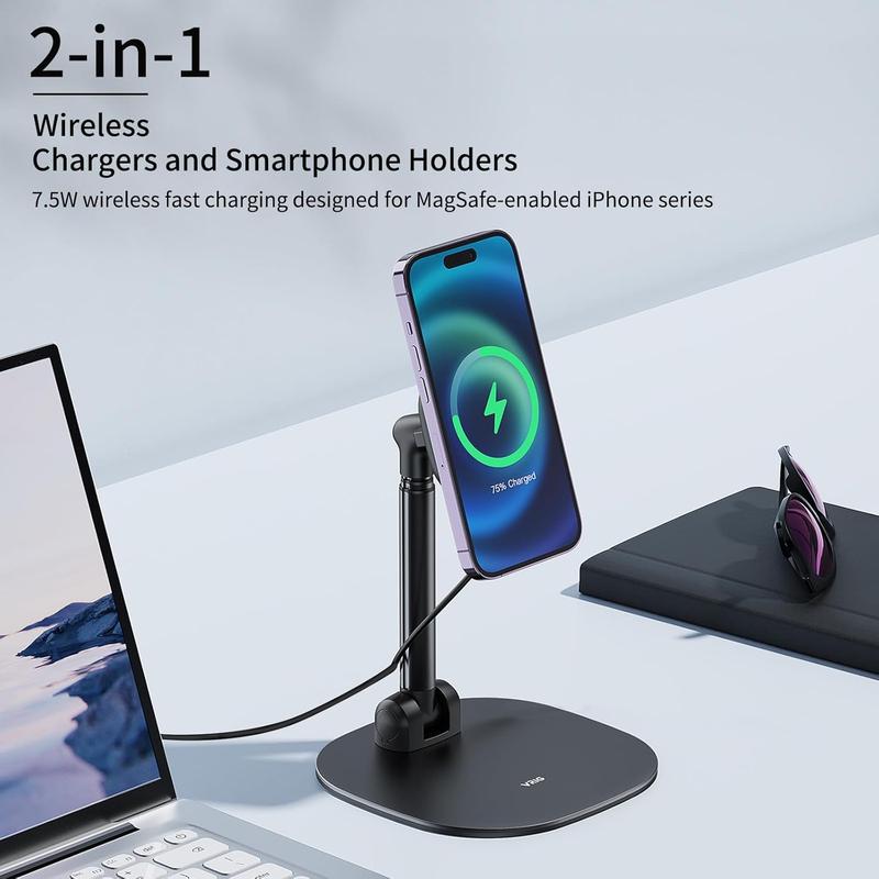 Desk Phone Stand for Office Home 360?Rotation Rechargeable Phone Holder with  Ring Height&Tilt Adjustable Cell Phone Stand for  14 13 12 11 and More Android