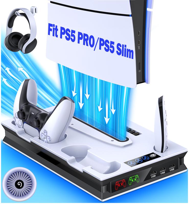 PS5 Stand and Cooling Station with Controller Charging Station for PS5 Pro PS5 Slim PS5, PS5 Accessories 3 Levels Cooling Fan, 3 USB Hub, Headset Holder, Media Slot for PS5 Disc Digital Console