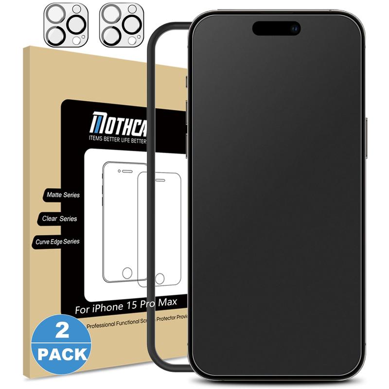 Mothca 2 Pack Matte Glass Screen Protector for iPhone 13 14 15 16 Pro Max Plus + 2 Pack Camera Lens Protector, Anti-Glare & Anti-Fingerprint  Friendly Tempered Glass Film, Bubble Free, Smooth as Silk Protective Protection Smartphone