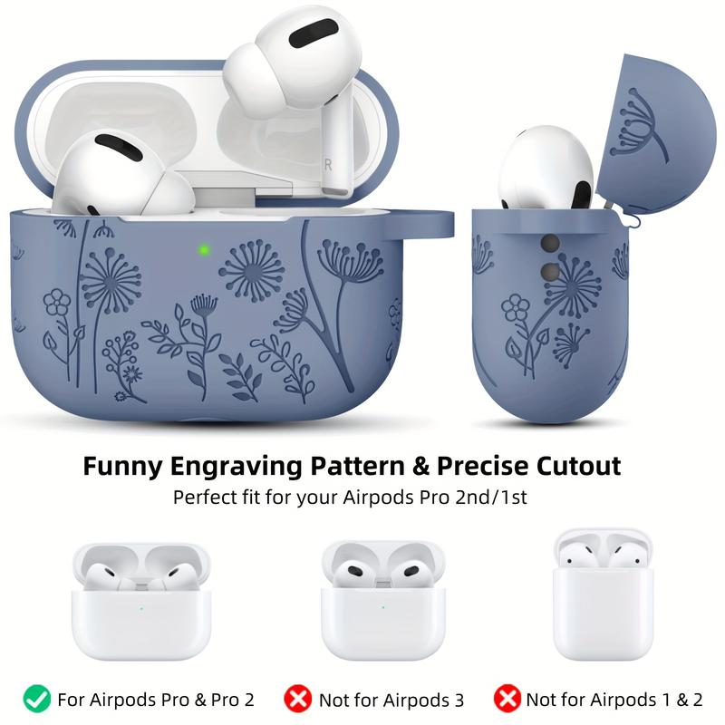 Flower Engraved Cover Compatible with Airpod Pro Case 2nd 1st Generation Cute, Full Protective Soft Silicone Case for Apple AirPod Pro AirPods Pro 2 Case USB C, Front LED Visible, Lavender Gray