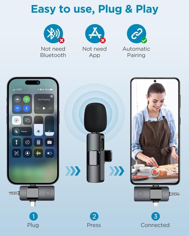 3 in 1 Wireless Microphone for iPhone, Camera, Android, iPad, Mini Microphone, USB C Microphone, iPhone Mic, 2.4G Ultra-Low Delay, Microphone for Video Recording Vlog TikTok YouTube Interview