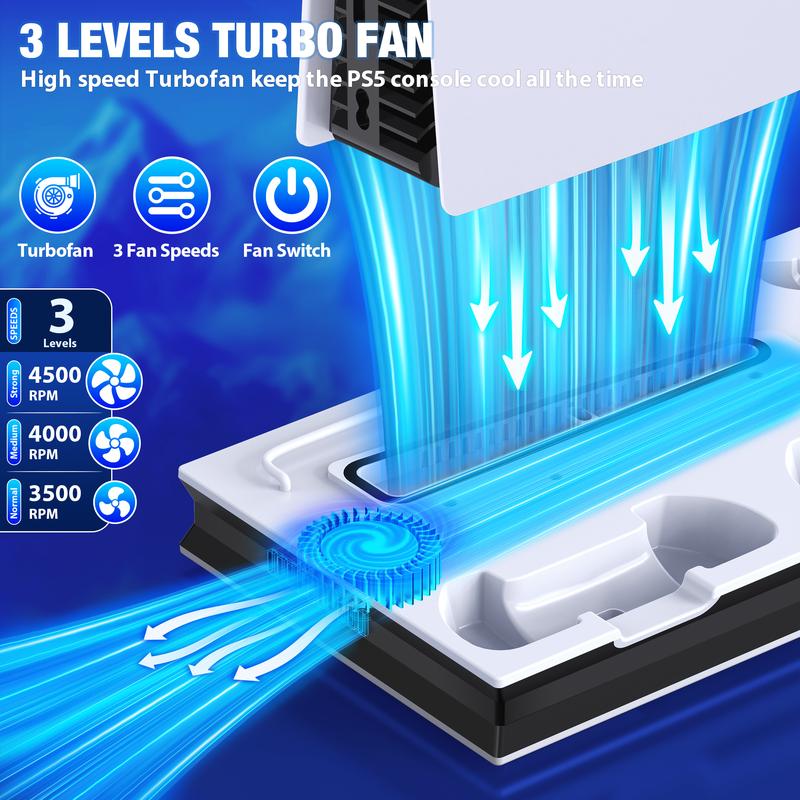 PS5 Stand and Cooling Station with Controller Charging Station for PS5 Pro PS5 Slim PS5, PS5 Accessories 3 Levels Cooling Fan, 3 USB Hub, Headset Holder, Media Slot for PS5 Disc Digital Console