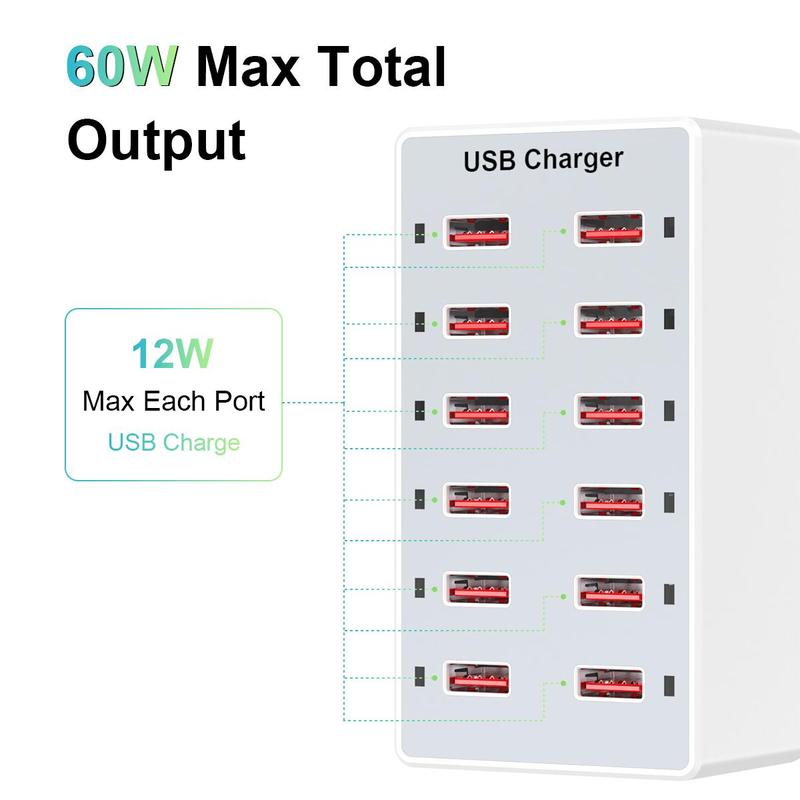 12-port USB Portable Charger, USB Fast Charging Station for Multiple Devices, USB Wall Charger, Power Hub Strip, Smart Charging Station for iPhone, iPad, Laptop