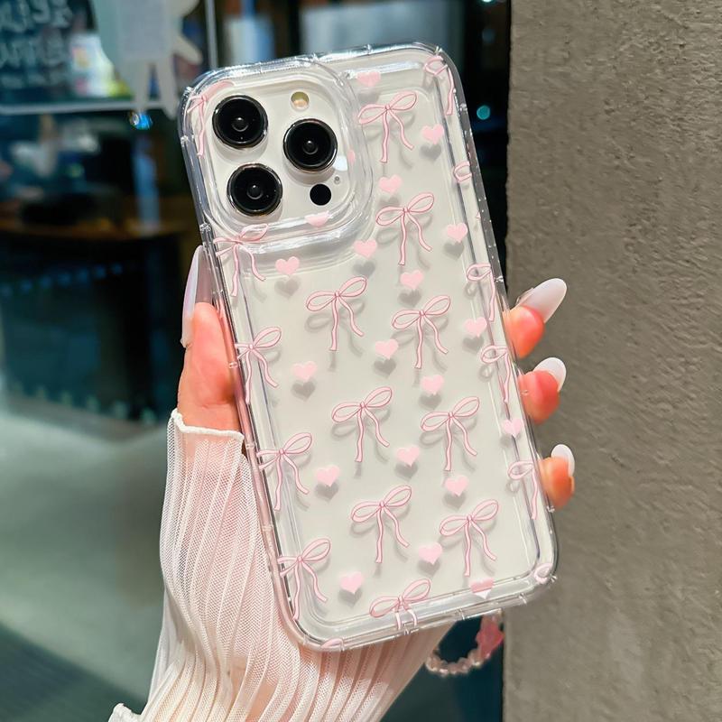 Bowknot Pattern Phone Case with Beaded Lanyard, Cute Phone Protective Cover for Samsung Galaxy, Phone Accessories for iPhone 11 12 13 14 15 16 Pro Max