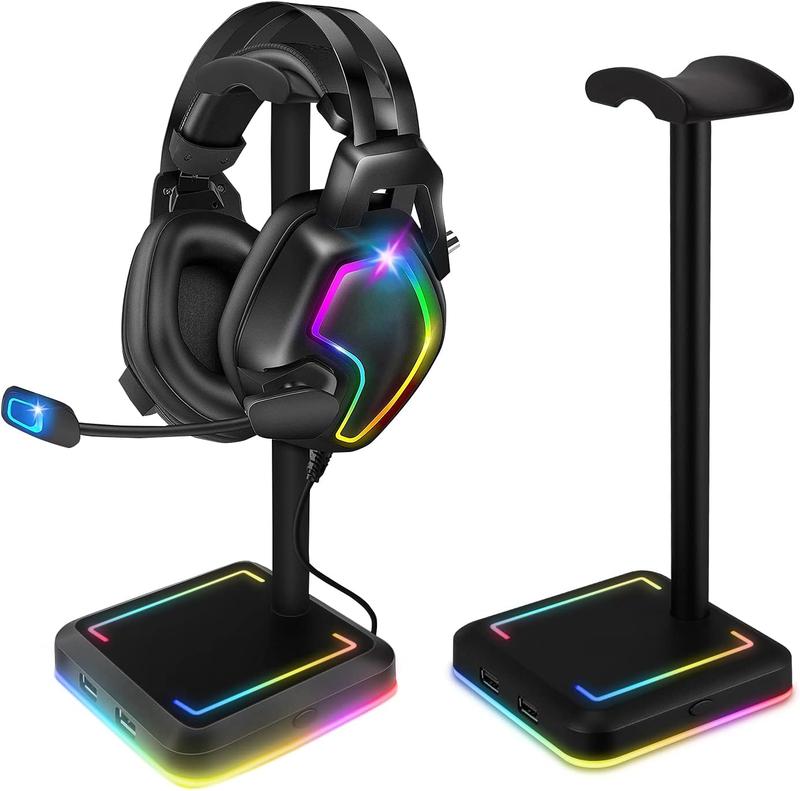 Headphone Stand, RGB Gaming Headset Holder with 2 USB Charger Ports & 10 Lighting Modes for Desktop PC Game Earphone Accessories