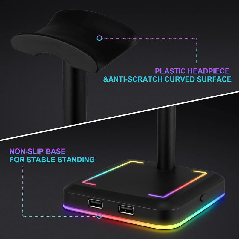 Headphone Stand, RGB Gaming Headset Holder with 2 USB Charger Ports & 10 Lighting Modes for Desktop PC Game Earphone Accessories