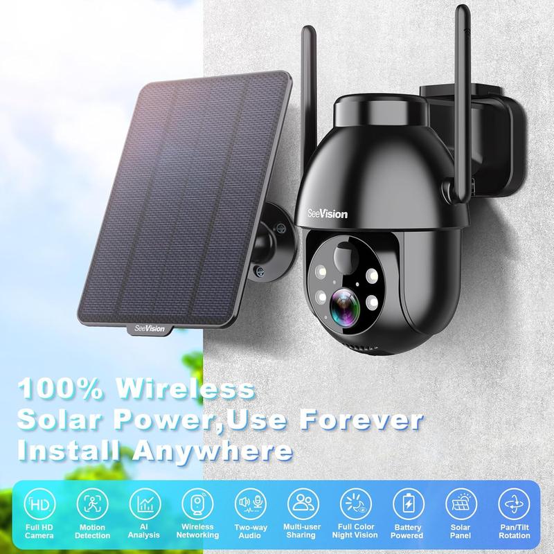 SeeVision Solar Wireless WiFi Security Outdoor Camera For Home with Spotlight, PIR Motion Detection, Color Night Vision, and Two-Way Talk