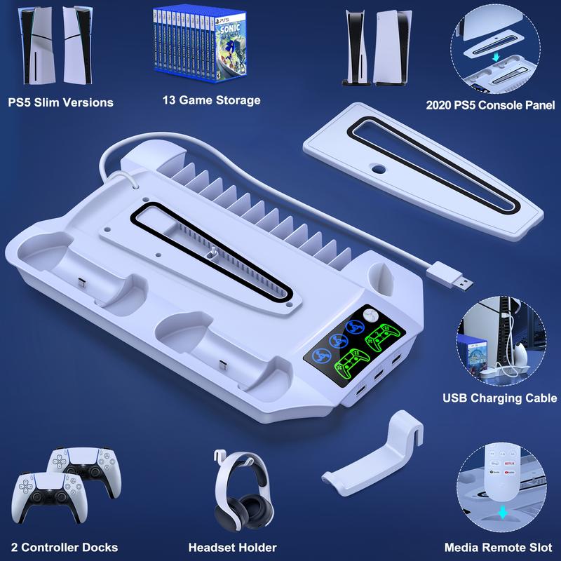 PS5 Stand for PS5 Pro PS5 Slim PS5, PS5 Cooling station and Controller Charging Station for Playstation 5 Accessories with 3 Levels Cooling Fan, 3 USB Hub, Headset Holder, 13 Game Slots, Media Slot