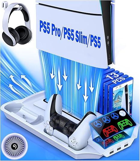 PS5 Stand for PS5 Pro PS5 Slim PS5, PS5 Cooling station and Controller Charging Station for Playstation 5 Accessories with 3 Levels Cooling Fan, 3 USB Hub, Headset Holder, 13 Game Slots, Media Slot